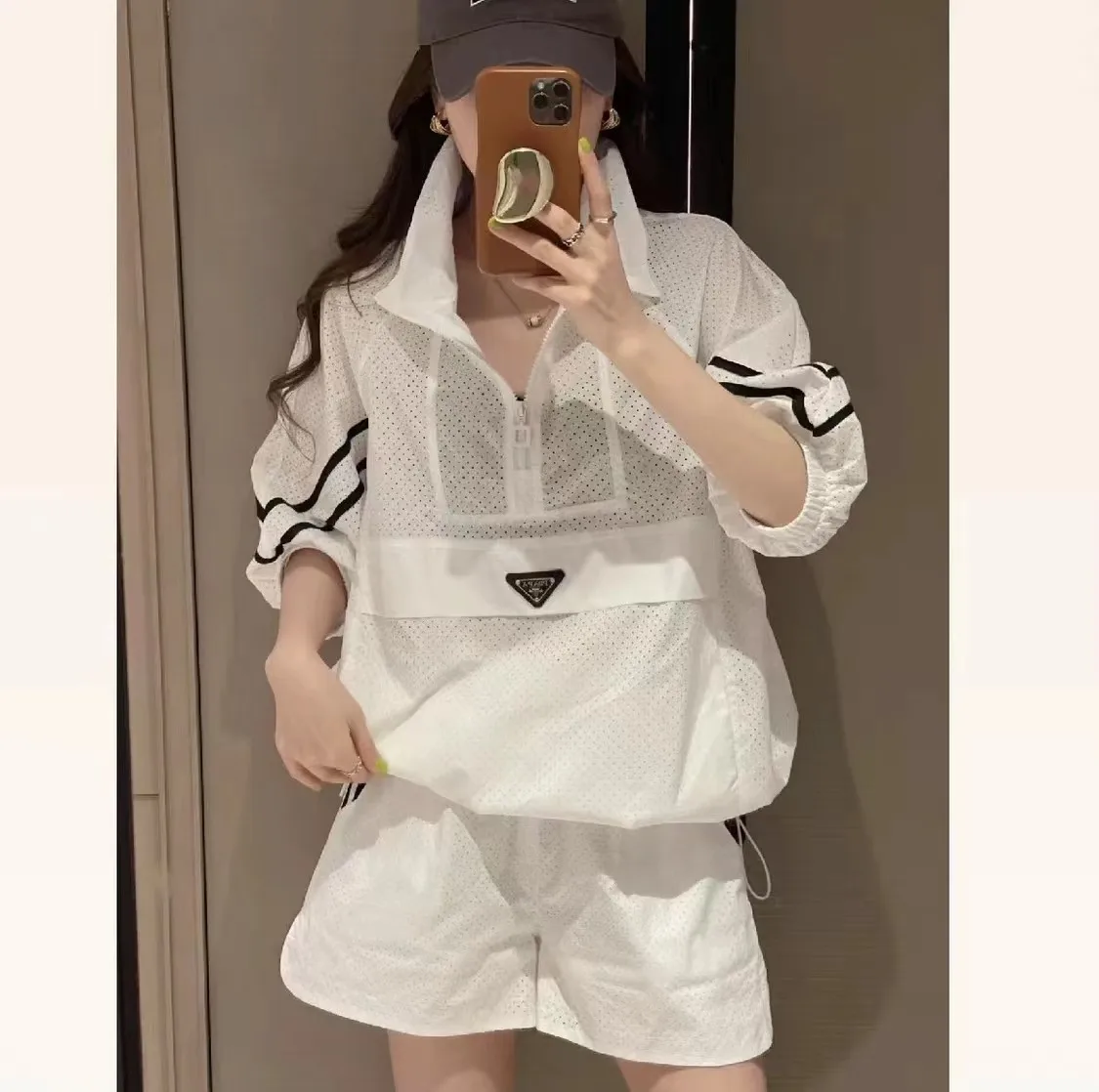 

Oversize Fashion Women Sweat Suit Set Thin Long Sleeve 2023 New Sunscreen Coat Top And Shorts Two Piece Set White Outfits