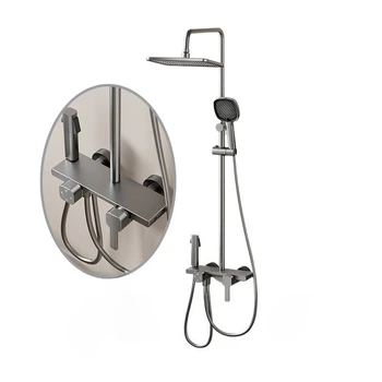 ชุดฝักบัวอาบน้ำอะลูมิเนียมอวกาศ ชุดก๊อกน้ำอาบน้ำแบบสี่ทาง พร้อมฝักบัวแบบเรนชาวเวอร์ แรงดันสูง สีเทา 1