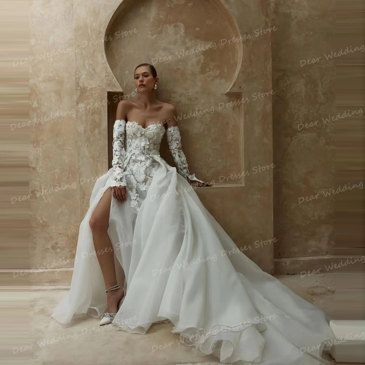 

Exquisite Appliques Wedding Dresses A Line Sexy Flowers Sweetheart Women's Bridal Gowns Formal Off Shoulder Long Sleeve Vestidos
