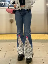 

IAMHOTTY Patchwork Lace Y2K Flare Pants Women Bow Appliques Kawaii Baggy Jeans Lolita Style Denim Trousers Girls Casual Outfit