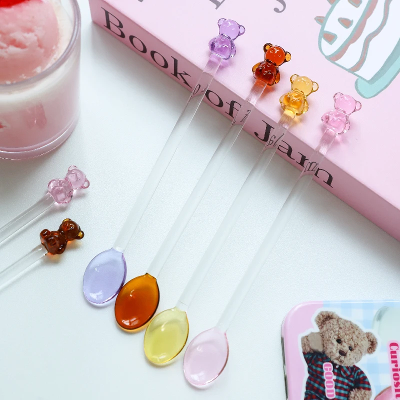 Japanese Style Milk Dessert Teddy Bear Spoon Colorful Transparent Glass Spoon Long Handled Coffee Stirring