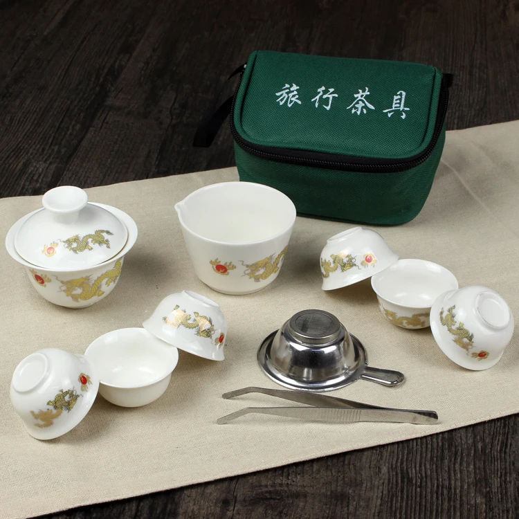 11 Pcs Travel Tea Sets Chinese Portable Ceramic Bone China Gaiwan Teacup Porcelain Tea Cup The Kung Fu Travel Set Bag