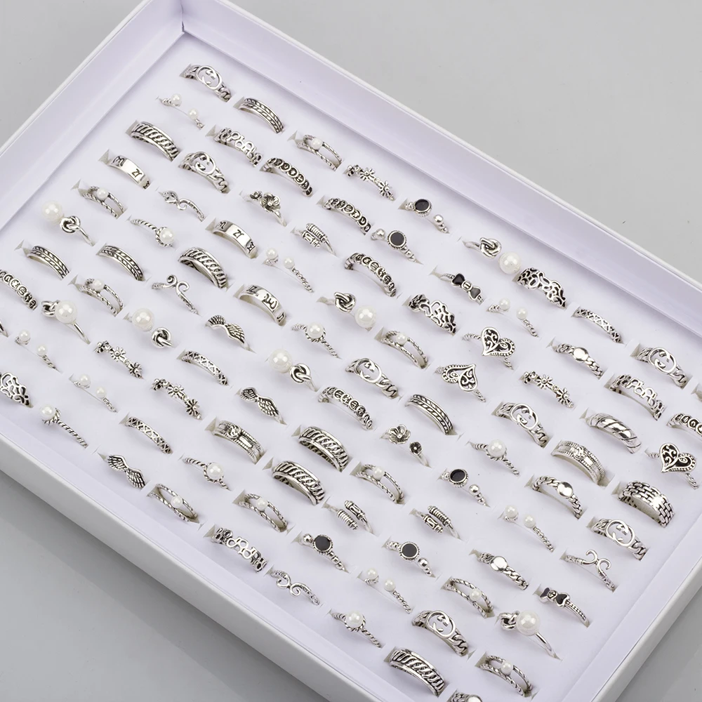 50Pcs/Lot Bohemia Rings for Women Mixed Carved Leaf Crystal Pearl Stone Finger Ring Charm Jewelry Accessories Gift