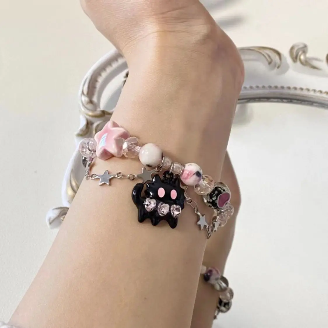 Black Cat Heart Rhinestone Pentagram Star Beads Bracelet for Women Aesthetic Sweet Cool Trendy Jewelry Korean Fashion Gift bracelet jewelry
