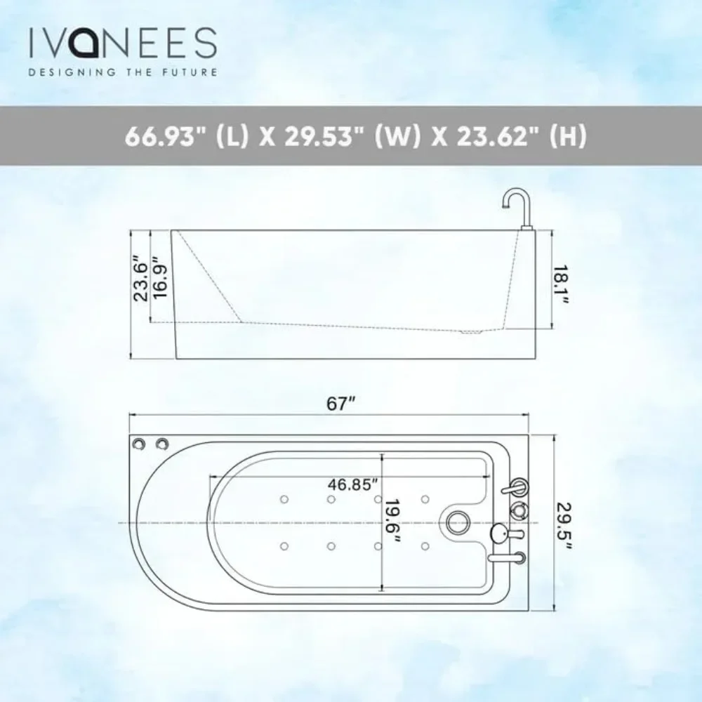 67 Inch Acrylic Freestanding Whirlpool Corner Hot Tub Modern Soaking Bathtub with Right Drainage and LED Control Panel 2