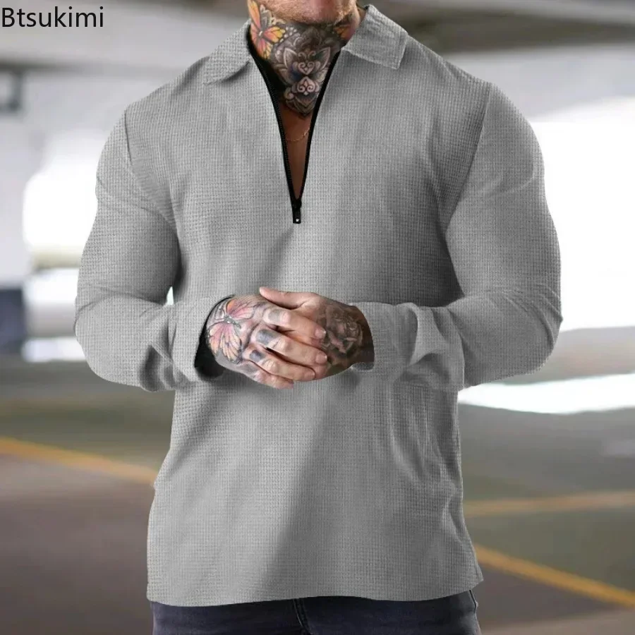 Nuove Polo a Maniche Lunghe da Uomo, Comode e Traspiranti, in Tessuto Waffle, T-shirt Tinta Unita, Moda con Mezza Zip e Colletto, Casual, per Golf e Sport - immagine 2