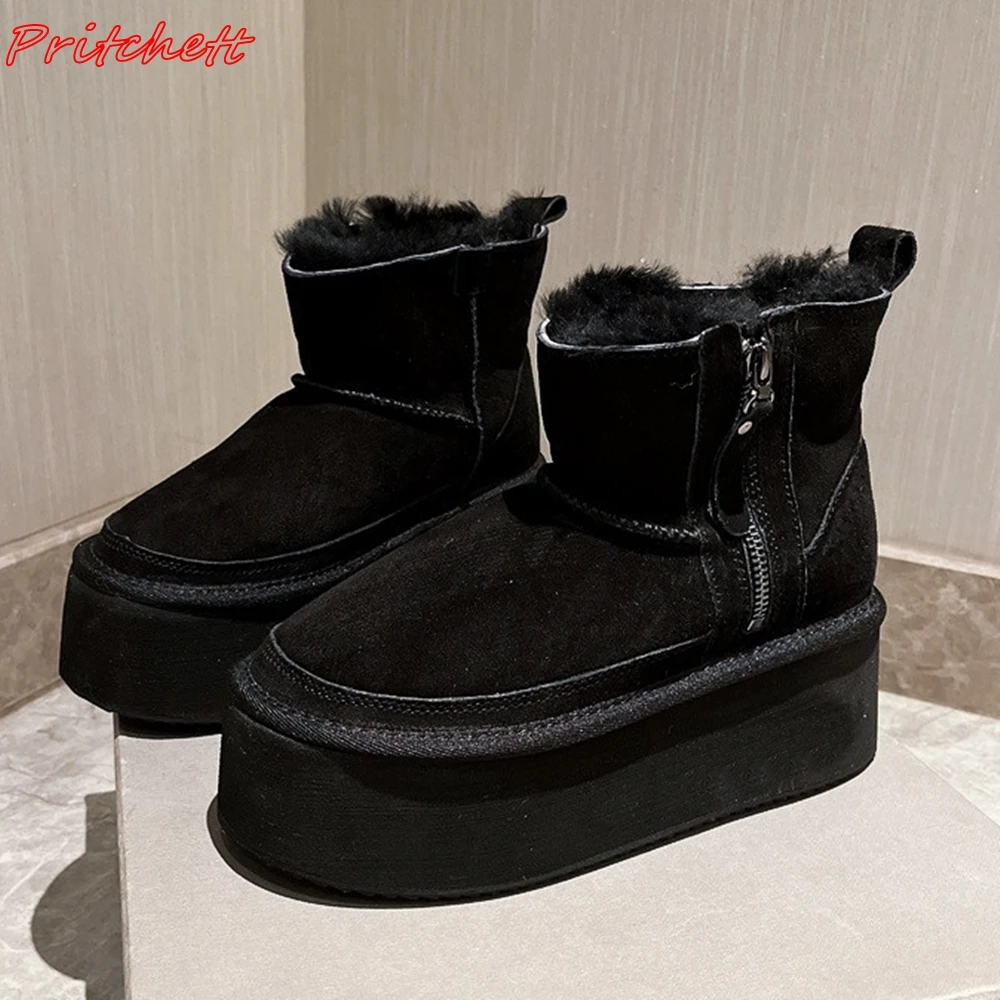 

Thick Sole Side Zipper Winter Boots Women Round Toe Warm Mid Calf Snow Boots Casual Flat with Boots Height Increasing All-match