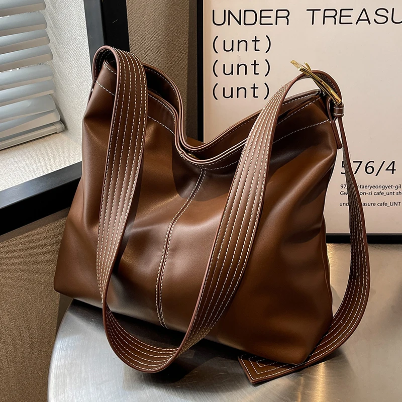 

Vegan Leather Bucket Shoulder Crossbody Bag for Women Handbag Purses 2023 New Brand Designer Wide Strap Ladies Messenger Bags