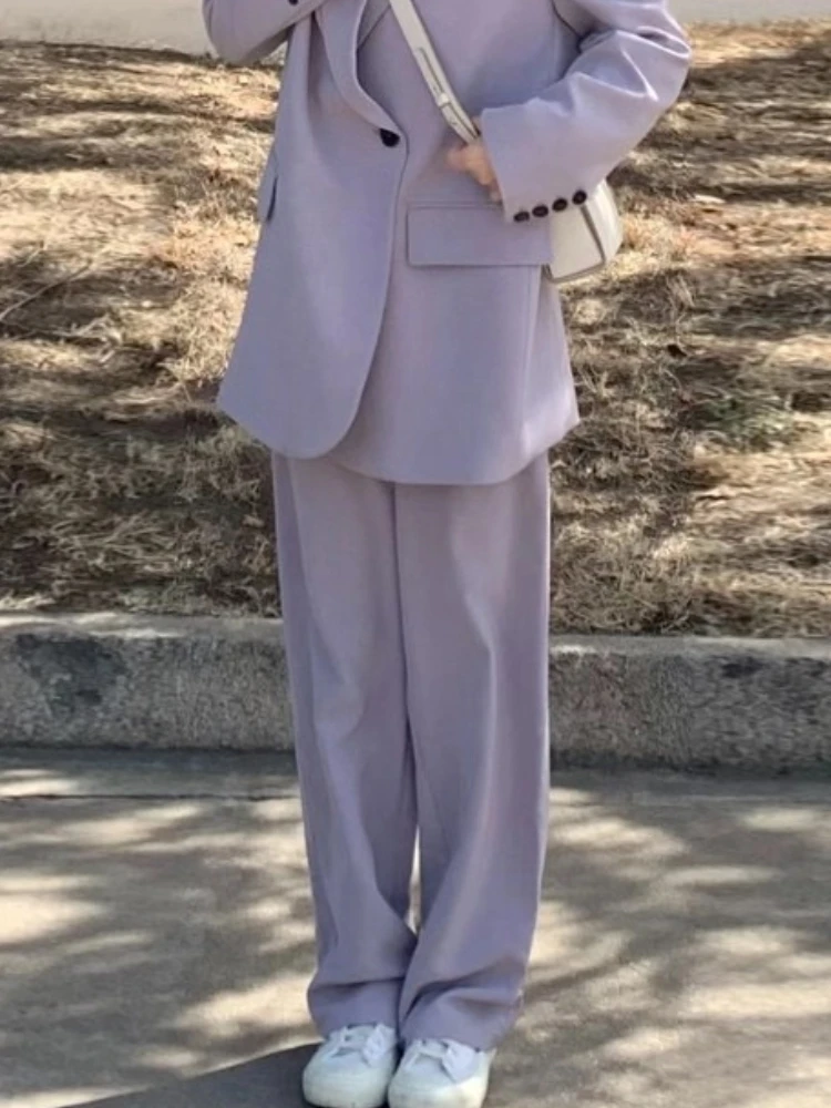 Fashion New Women Vintage Purple Blazer 2 Pieces Set Casual Elegant Solid Suit Jackets Wide-Leg Pants Outfits Female Pantsuits