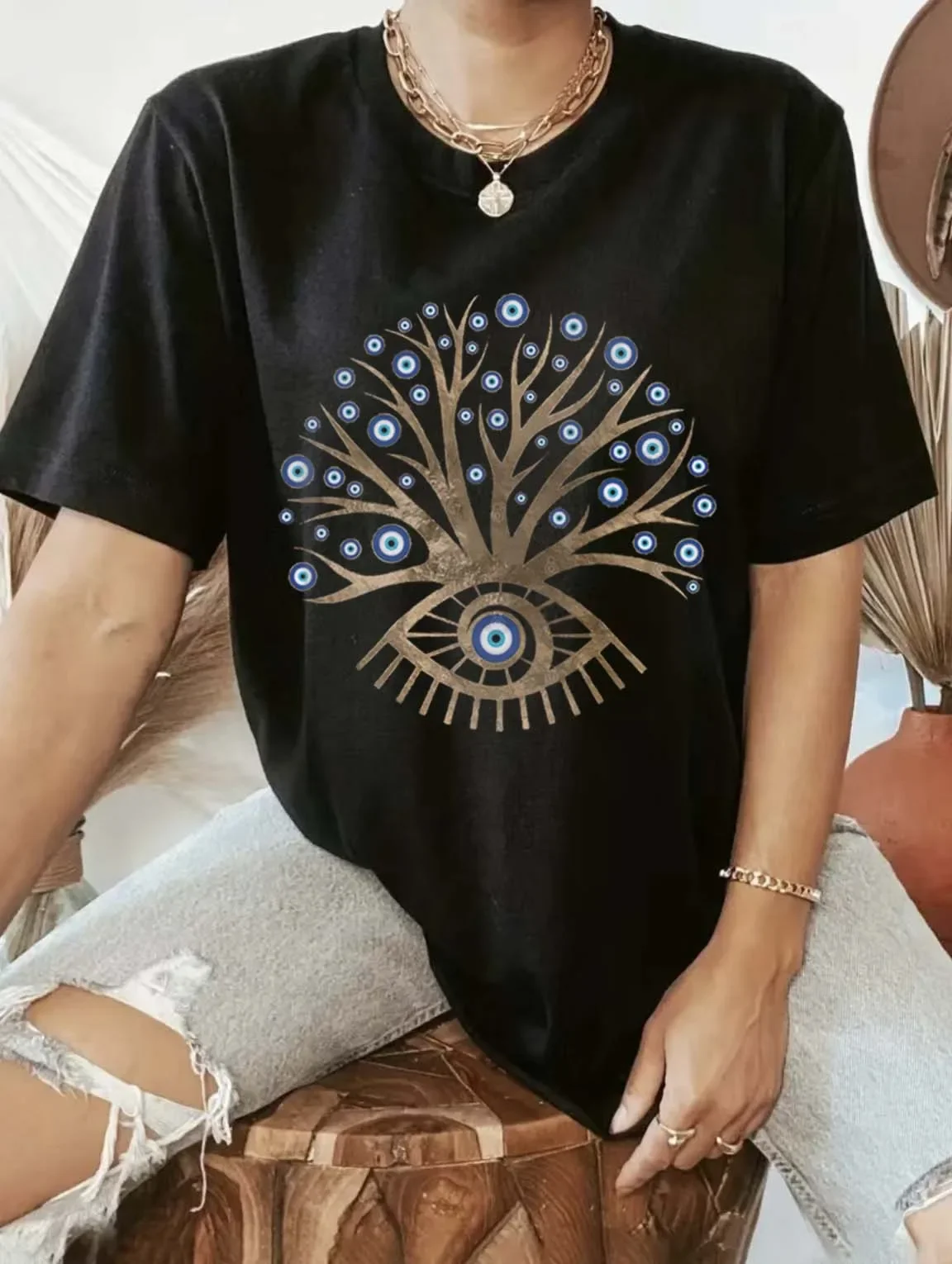

Greek Eye Tree - Mati Mataki - Matiasma T-Shirt Printed O-Neck Women's 90s Fashion Style] Short Sleeved Top Trendy Printed T-Shi