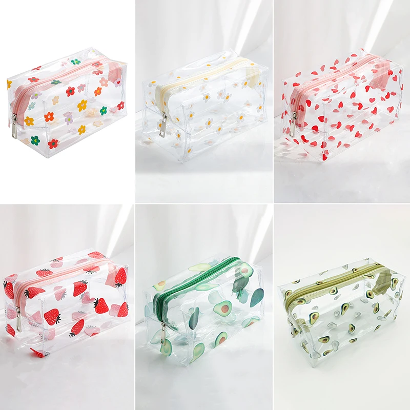

Прозрачная сумка для макияжа, модная прозрачная дорожная портативная мини-сумка для хранения, женская косметичка на молнии с принтом клубники и цветов