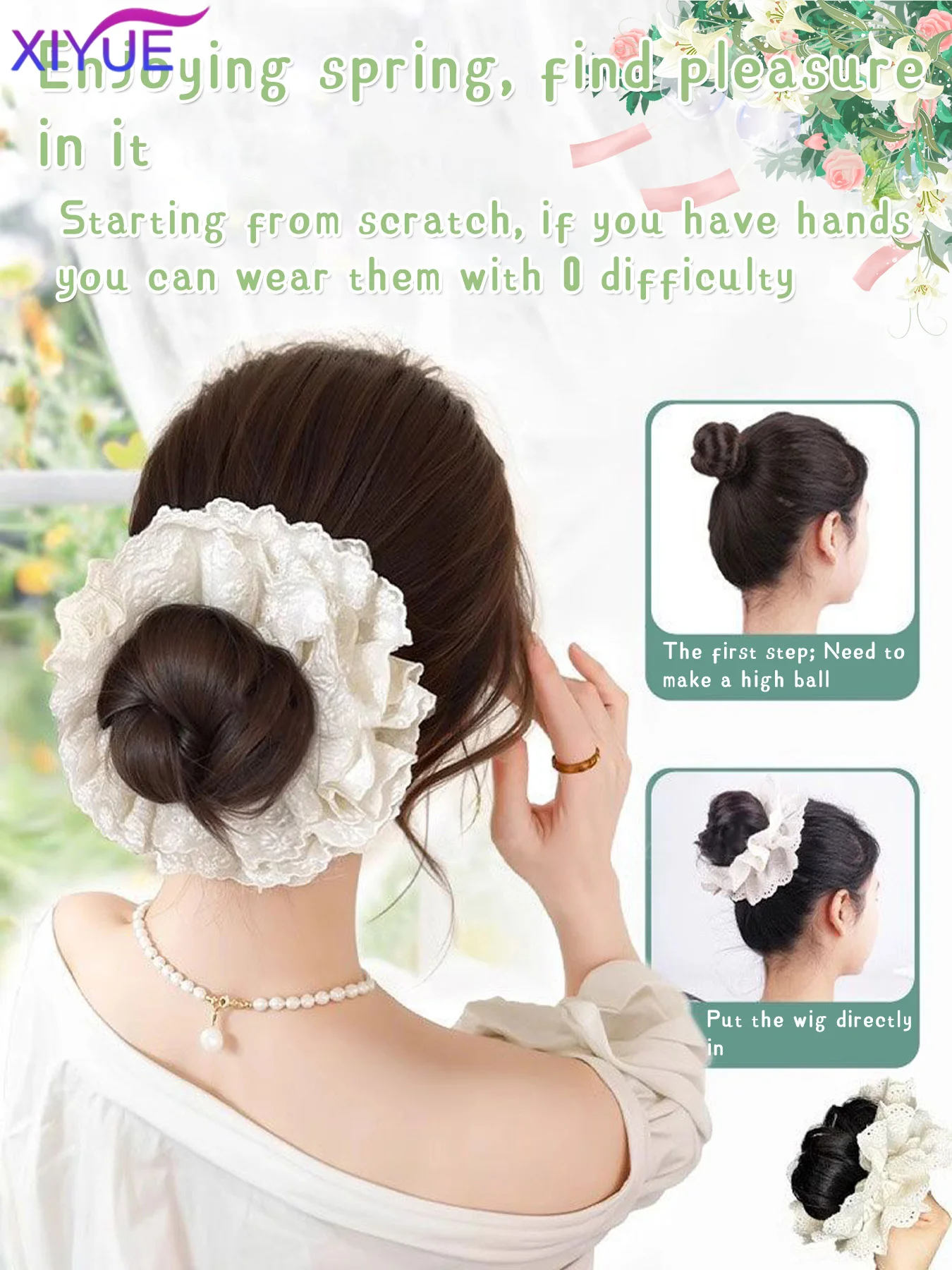 Women's Synthetic Wig Simulation Flower Low Meatball Head Clip-on Wig Bag Matching Dresses Gentle Wigs Hair Accessories Fashion