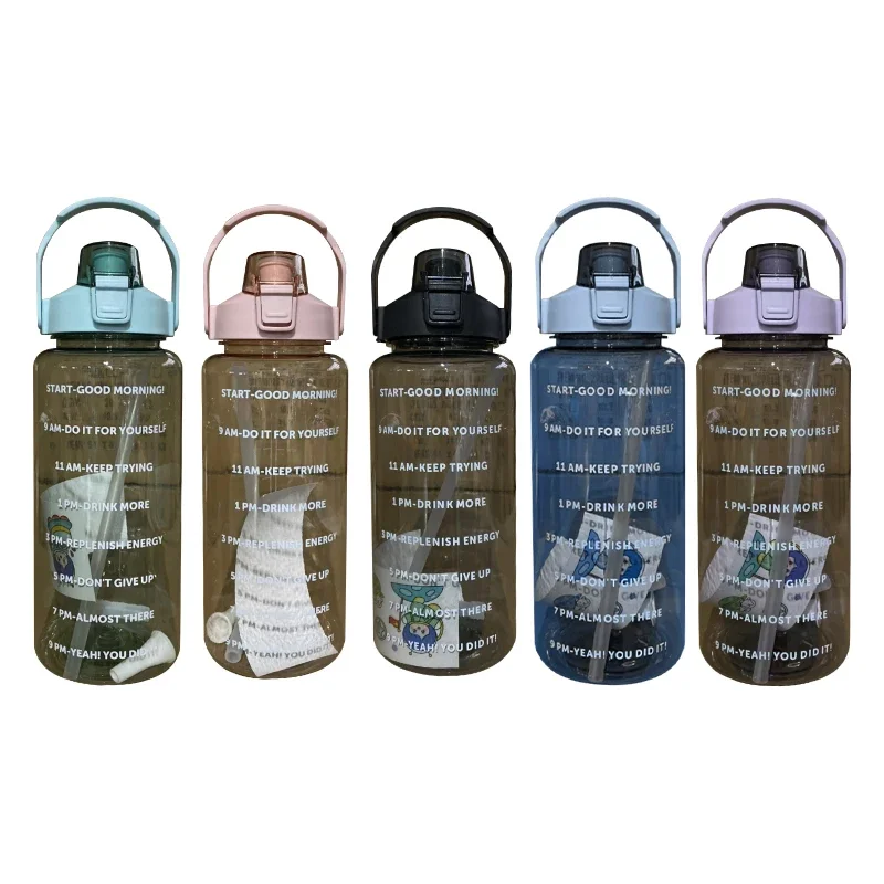Botella de agua con pajita de 2l, vaso de plástico de gran capacidad,  botella de bebida portátil con marcador de tiempo para deportes al aire  libre, Fitness - AliExpress
