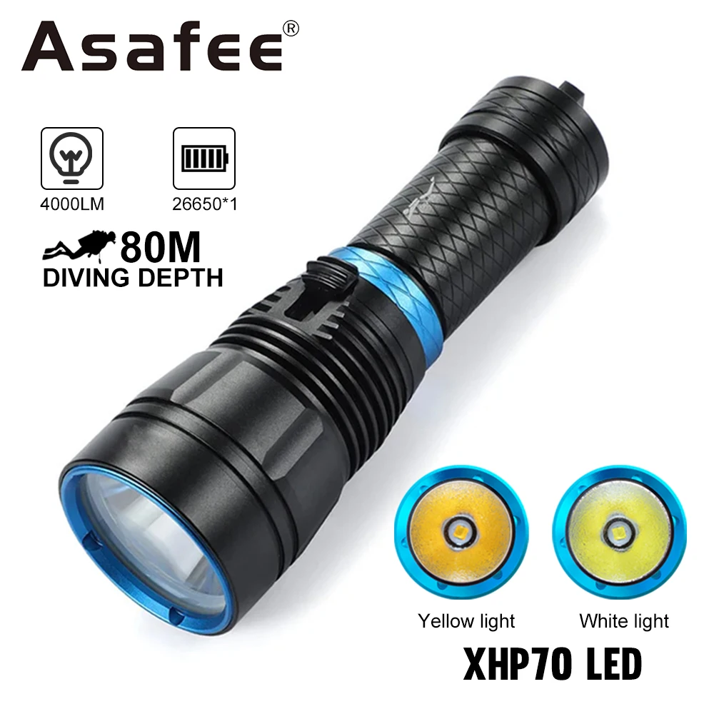 

Asafee D185 XHP70 LED 80M Underwater 4000LM Diving Flashlight Magnetic Switch Torch IPX8 Waterproof Lantern SOS Light Scuba Lamp