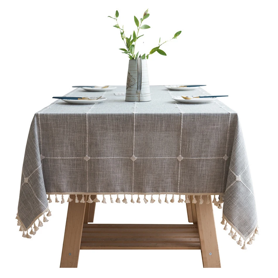 Grey Large Square Embroidery Tassel Tablecloth Cotton Linen Dust-Proof Checkered Table Cover for Kitchen Dinning Tabletop Decor