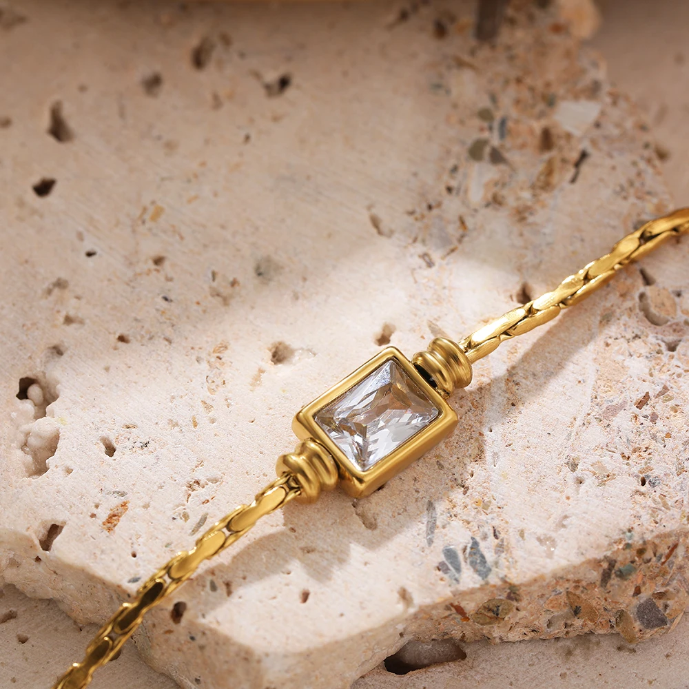 Punk Fine Snake Chain Square Crystal Zircon Bracelet Adjustable Waterproof Stainless Steel Women Bangle Gold Plated Jewelry New