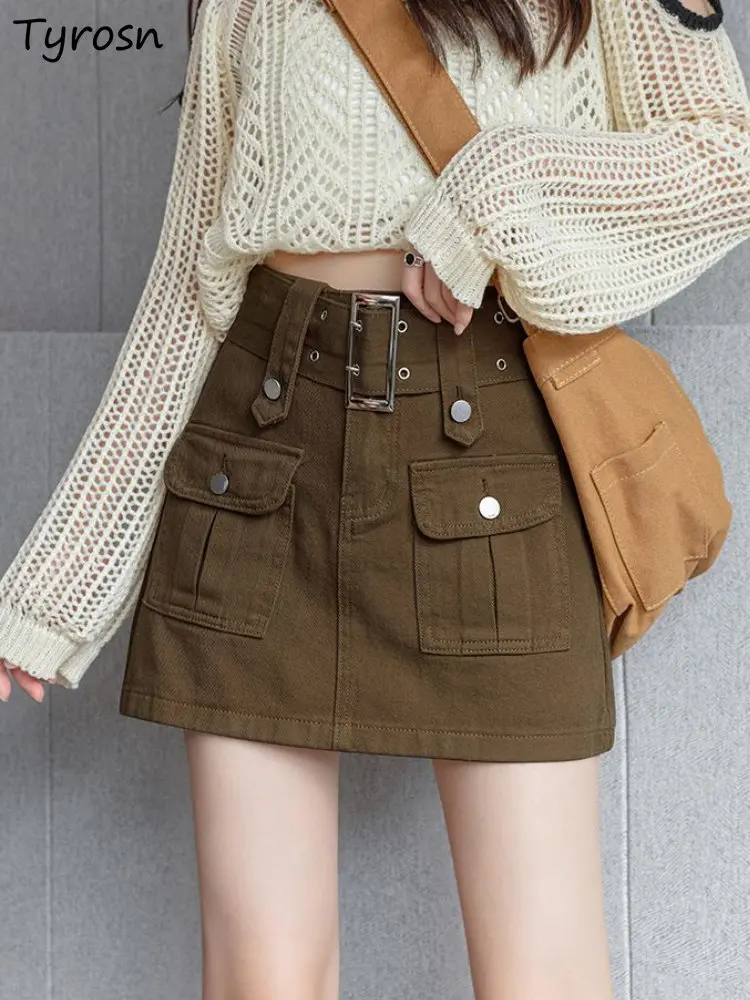 

Skirts Women Denim Retro All-match Streetwear Ulzzang Students Pure Summer Mini Faldas Safari Style Casual Popular Simple Empire