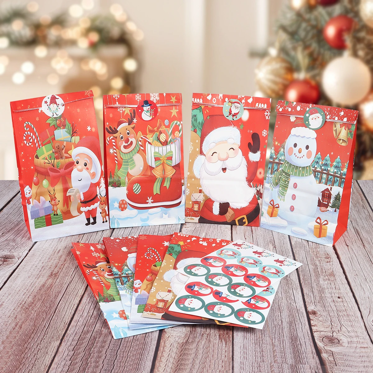 12-Pack Christmas Gift Bags - Reusable Kraft Folding Treat Bags With Cute Cartoon Designs