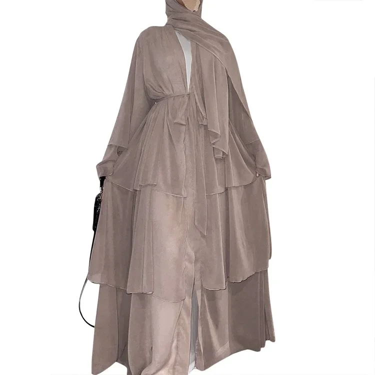 3 Layered Chiffon Abaya Kimono Summer Kaftan Robe Turkey Muslim Hijab Dress Ramadan Open Abayas for Women Dubai Islamic Clothing