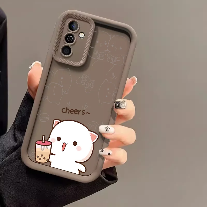 Cartoon Peach Mochi Cat Couple Case - Cute Animal Paired Soft Cover