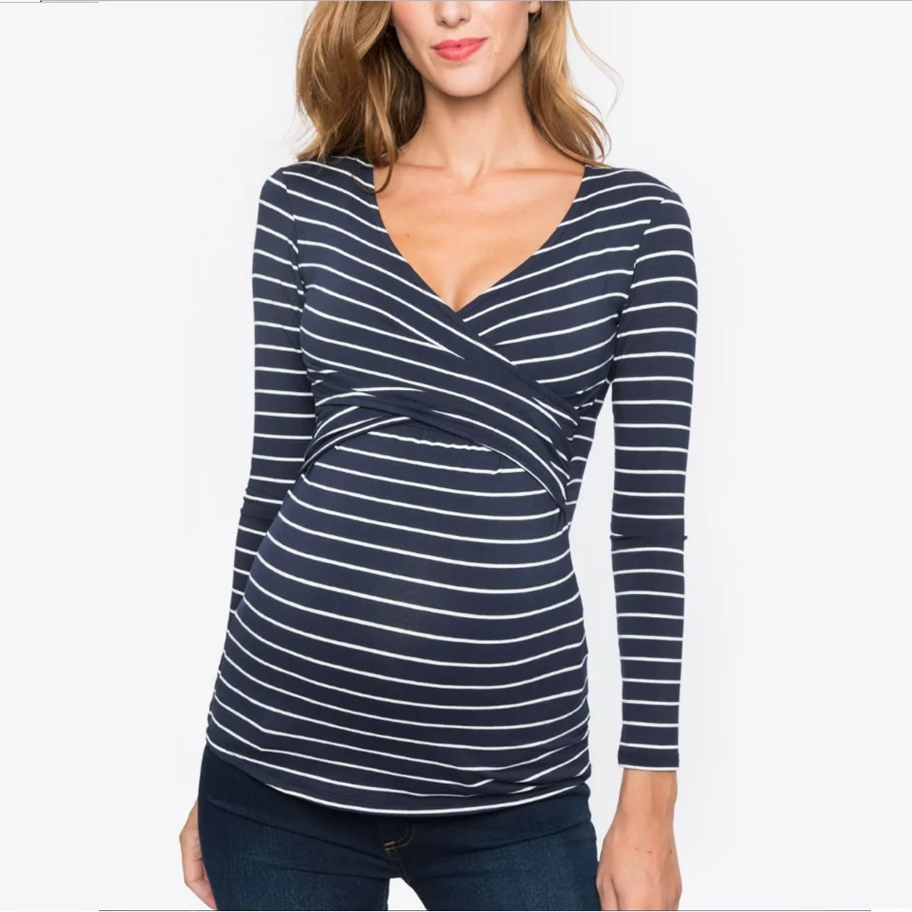 New Women's Striped Maternity Long Sleeve Solid Color Nursing Top T Shirt V Neck Fashion Casual Maternity Breastfeeding Top