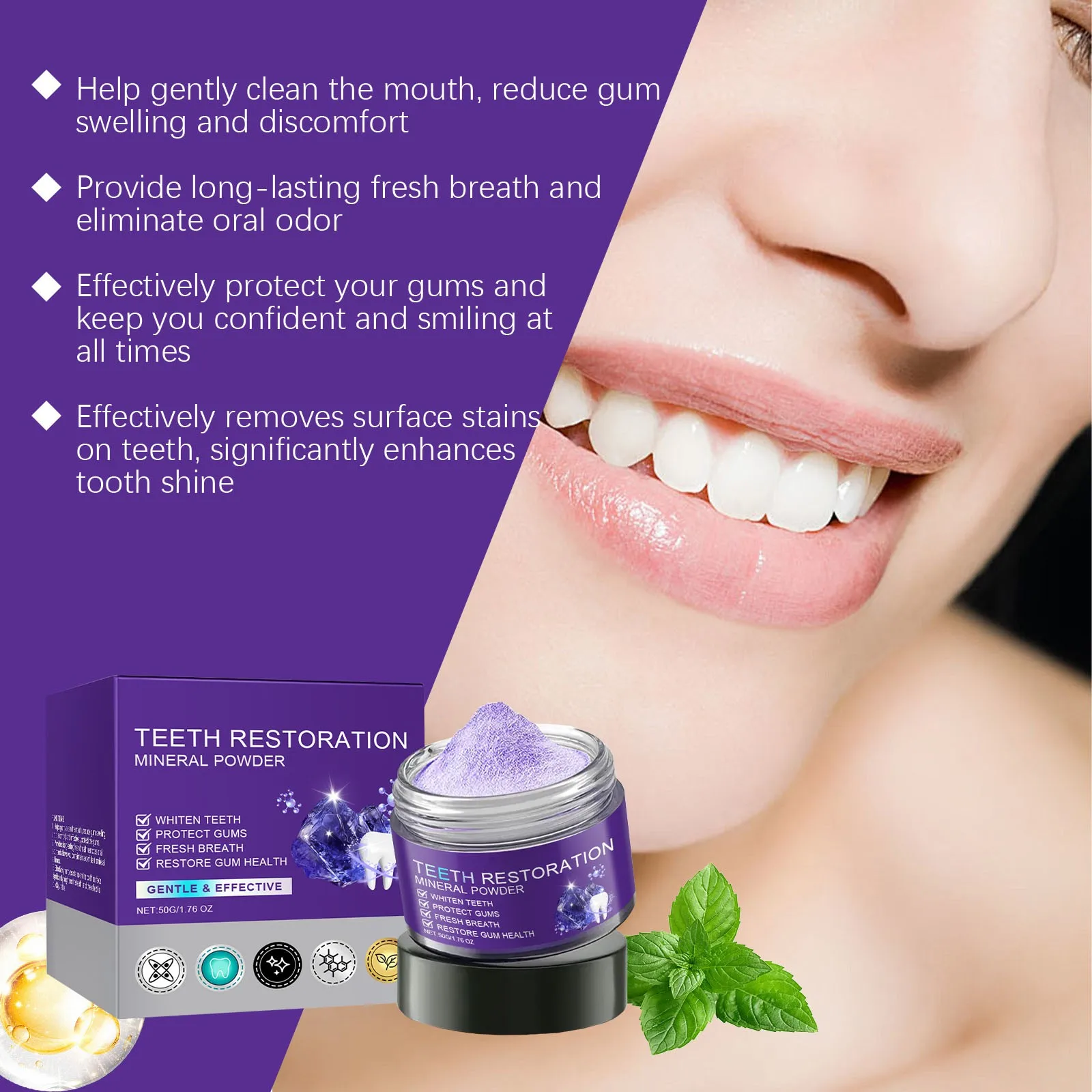 Purple Brightening Powder Conceals Stains No Sensitivity Toothpaste Whitening Powder For Coffee, Tea, Wine, And Tobacco Stains 5