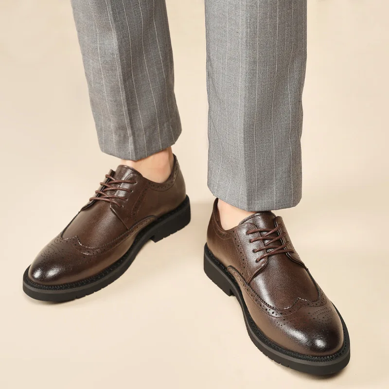 Fashion Men's Genuine Leather Brogue Shoes British Style Carving Dress Shoes For Men High Increasing Wedding Leather Shoes Men