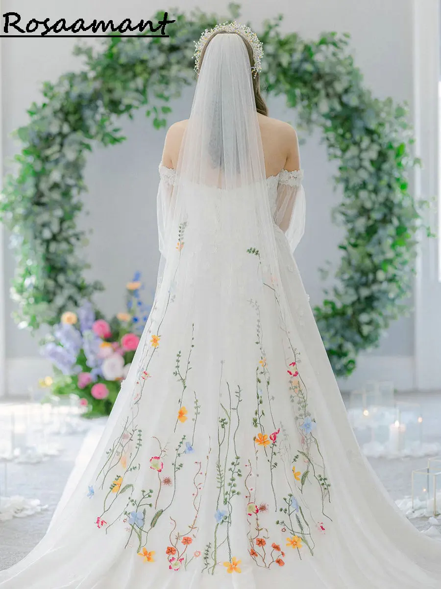 

Elegant 3D Flowers Long Sleeve Wedding Dresses A-Line Off The Shoulder Appliques Lace High Split Bridal Gowns(Dress+Veil)
