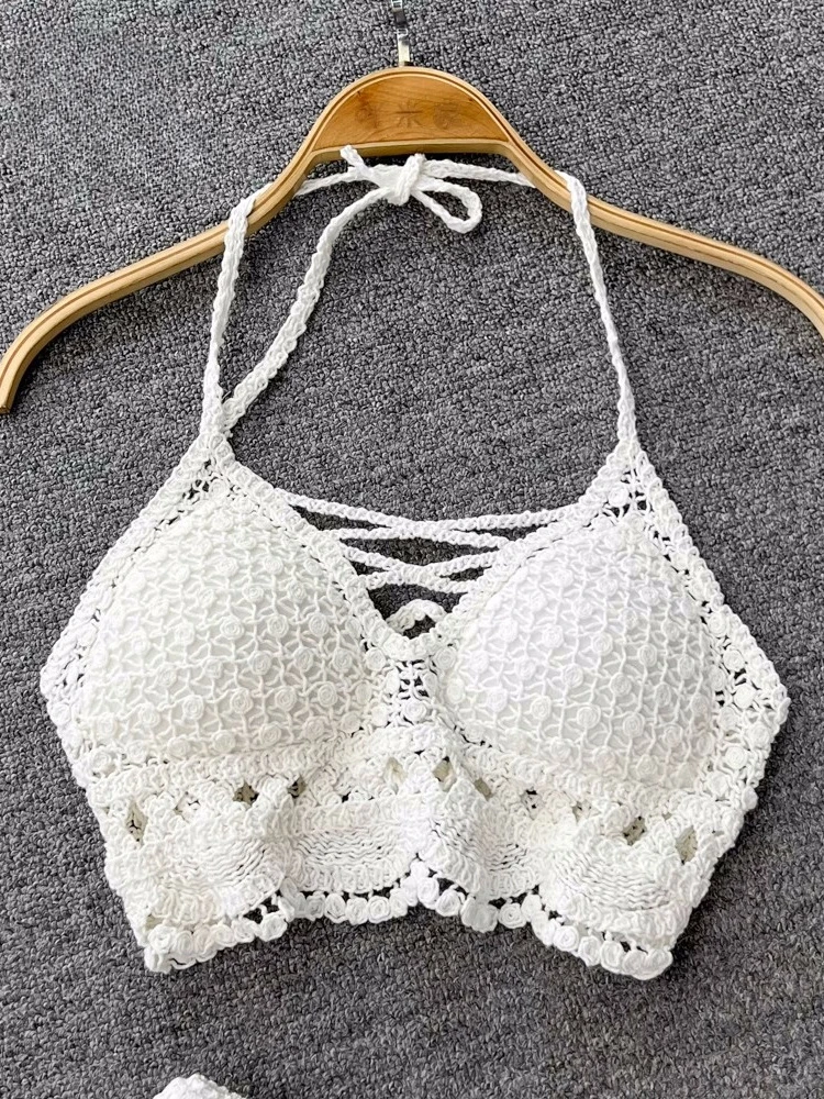 2024 New Knit Two Piece Sets Women Summer Vacation Backless Camisole Elastic Waist Shorts Hollow Out Y2K Beach Style Suits