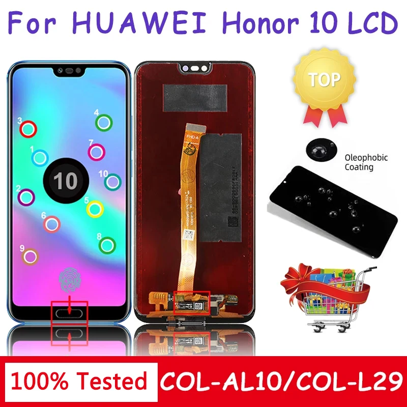 

5,84 дюймовый тестовый дисплей для Huawei Honor 10, ЖК-сенсорный экран с дигитайзером в сборе для Honor10 COL-AL10 с распознаванием отпечатков пальцев