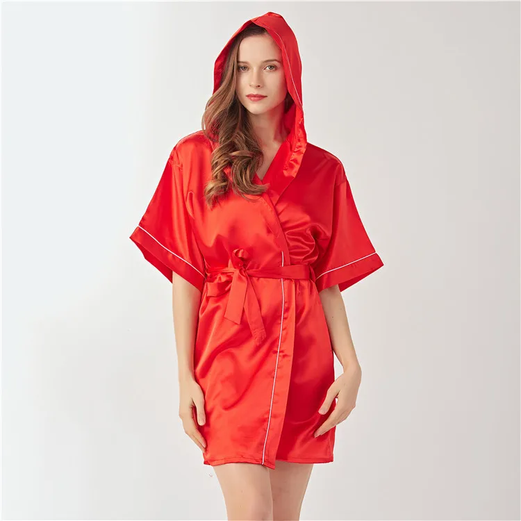 Summer New Hooded Women Soft Silk Satin Robe Female Short Sleeve