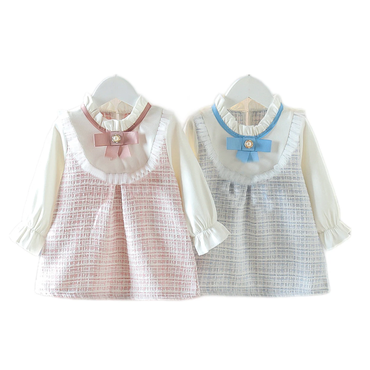 

Весеннее платье для маленьких девочек, детское винтажное платье с имитацией двух предметов, платье принцессы на пуговицах с длинным рукавом и бантом, одежда для малышей