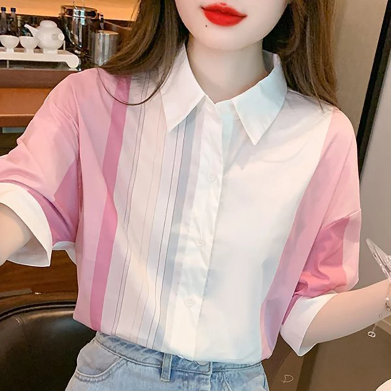 Sweet Lapel Button Printed Asymmetrical Striped Shirts Female Clothing 2024 Summer New Loose Casual Tops All-match Blouses