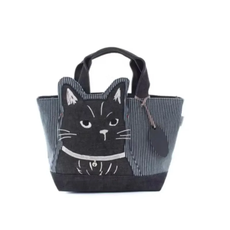 JIAERDI Japanese Embroidered Cartoon Black Cat Handbag Women Cute Stripe Large Capacity Shoulder Bag Ladies Casual Tote Bag 2025