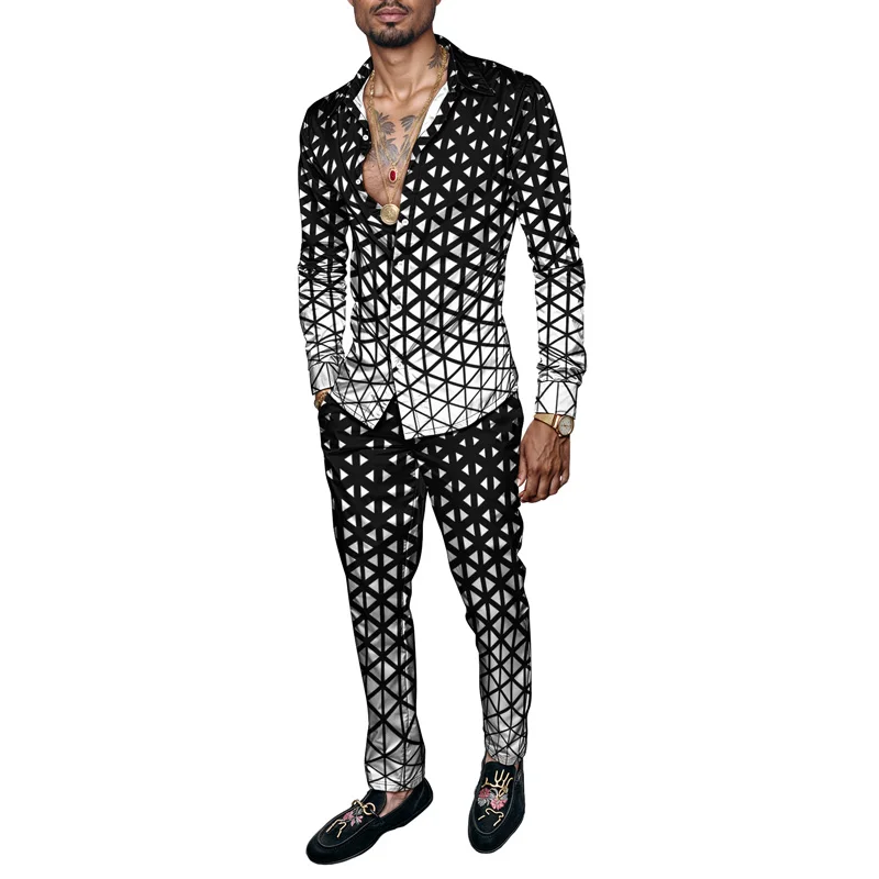 2025 New Arrival Men Shirt Set Geometry Print Summer Fashion Simple Two Piece Set Mens Gradient Lightweight Party Long Sleeves_voghion.com