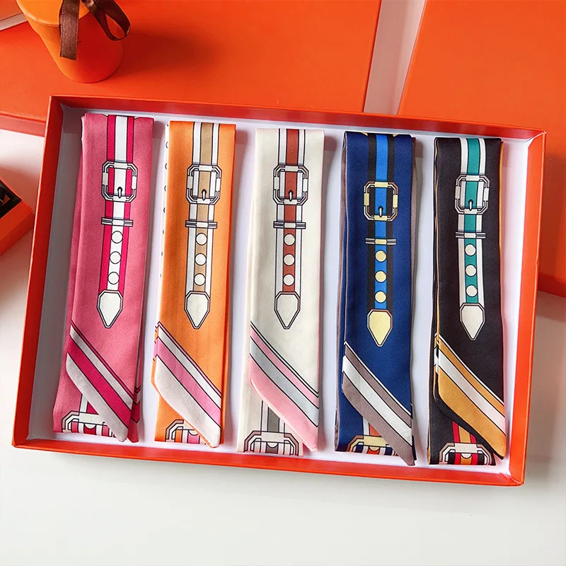 New Women Scarf Skinny Silk Belt Chain Print Bandana Small Handle Bag Ribbons Female Neckerchief Head Scarves & Wraps 1