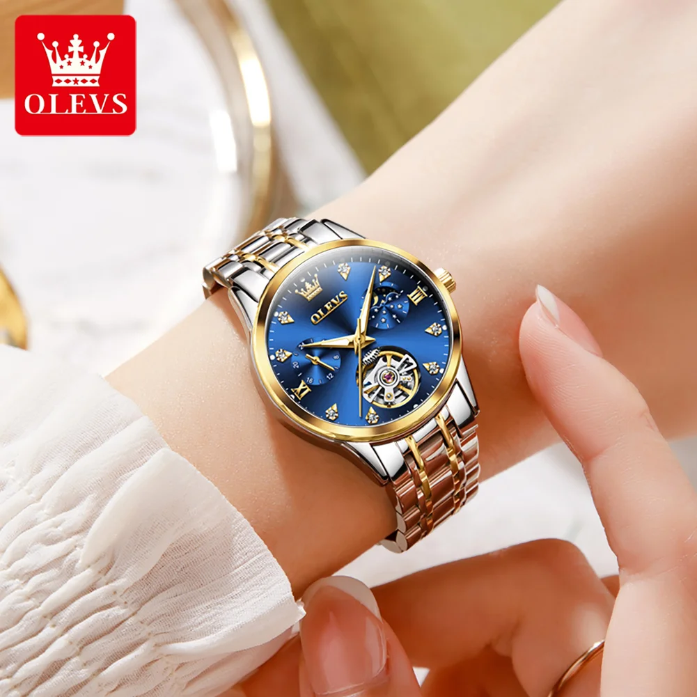 OLEVS 6608 Automatic Watch Woman Moonswatch Mechanical Watch For Women Hollow Original Diamond Luxury Wristwatch Waterproof