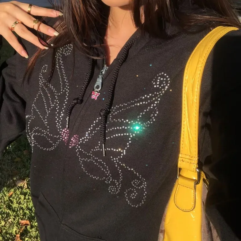 

Autumn Women Harajuku Grunge Y2k Aesthetic Retro Streetwear Rhinestone Butterfly Graphic Print Sweatshirt Loose Zipper Hoodies