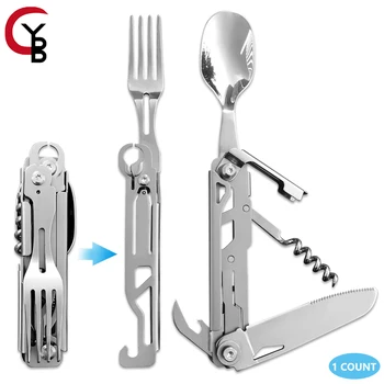 YANBIGUO 6-in-1 folding camping utensil set with spoon, knife, and bottle opener. Compact and travel-ready. 1