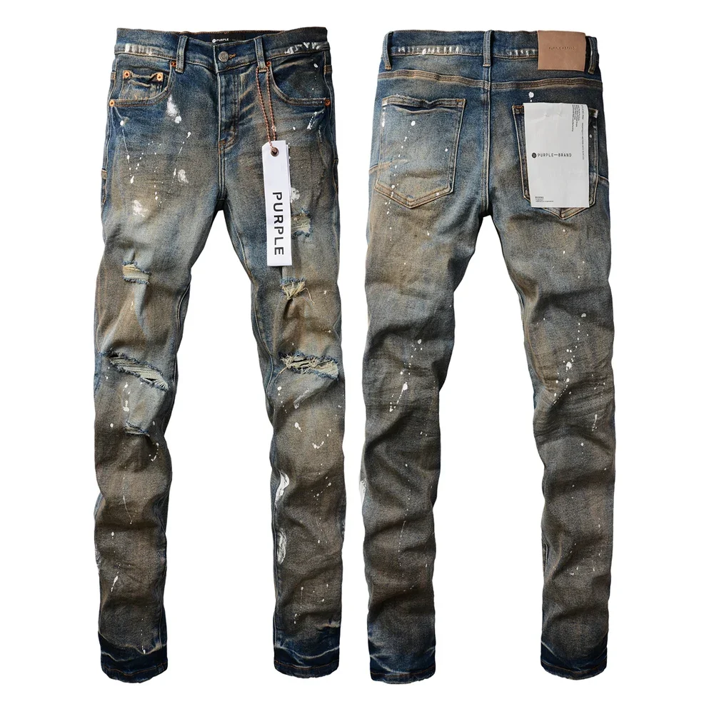 

Purple Men's High Street Denim Slim Fit Washed Make Old Damaged Destroyed Hole Stretch Jeans
