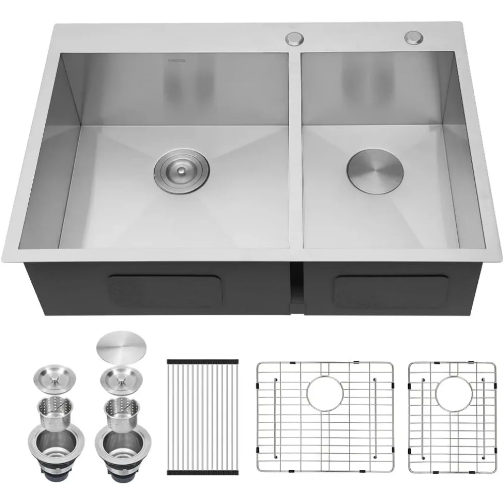 33 Inch Kitchen Sink Double Bowl 60/40 Stainless Steel 18 Gauge Drop In Top Mount Overmount Kitchen Sink Basin Washhand Stand 6