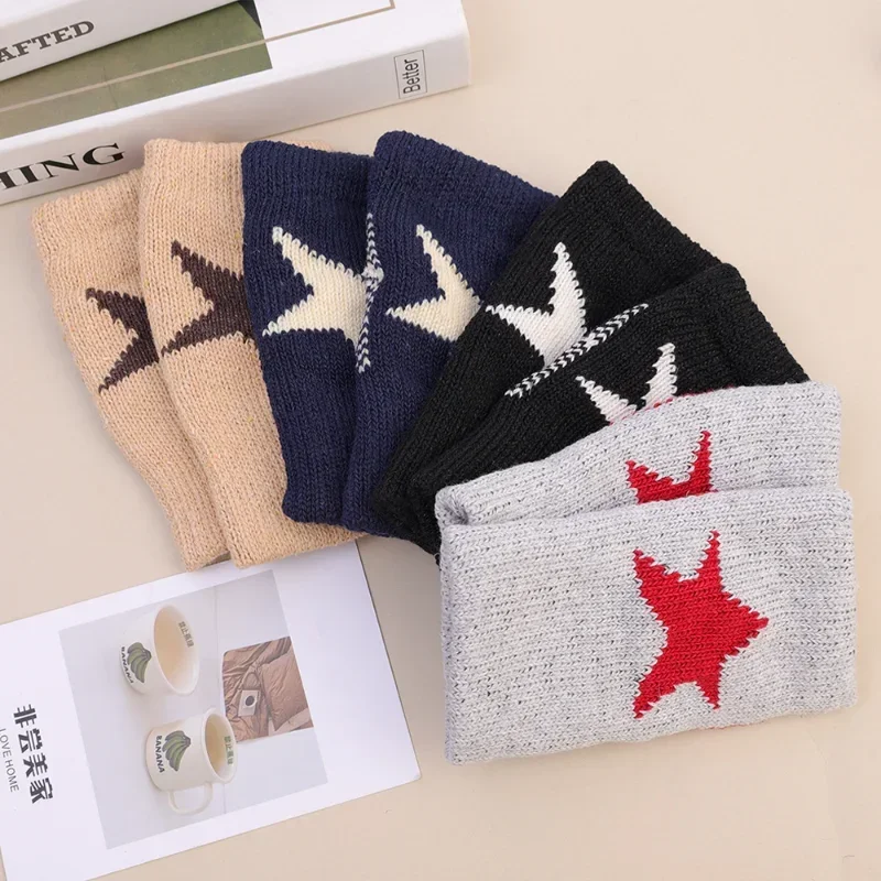 Autumn Winter Knitted Woolen Gloves Ins Fashion Y2K Men's Women's Half Finger Warm Five Pointed Star Fingerless Gloves Unisex images - 6