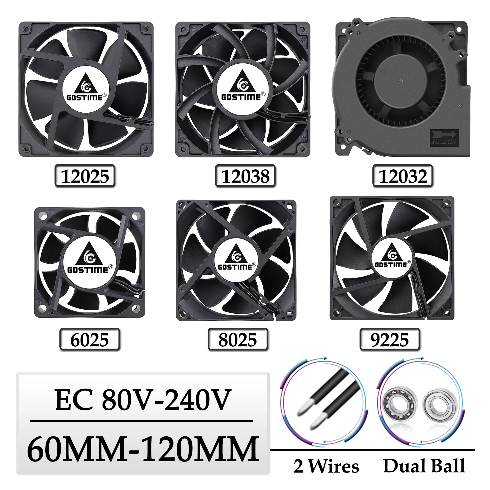 Gdstime ce Ventilador Axial Ventilador Case Computador Bola Dupla sem Escova pc Cooler ac 110v 120v 220v 230v 240v 12025 8025 60 mm 80 Milímetros 90 Milímetros