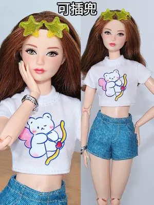 

White Crop Top Jeans Shorts 1/6 Doll Outfit Set For Barbie Clothes For Barbie Doll Accessories Clothing Kids Dollhouse Toy 11.5"
