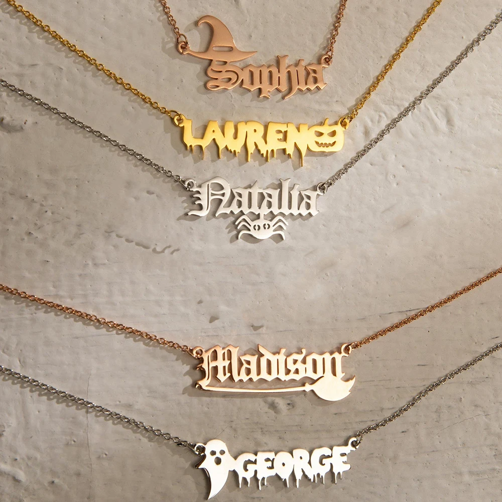 

Custom Personalized Name Necklace for Halloween 18K Gold Plated Bat Pumpkin Gothic Pumpkin Ghost Magic Broom Pendant Necklace