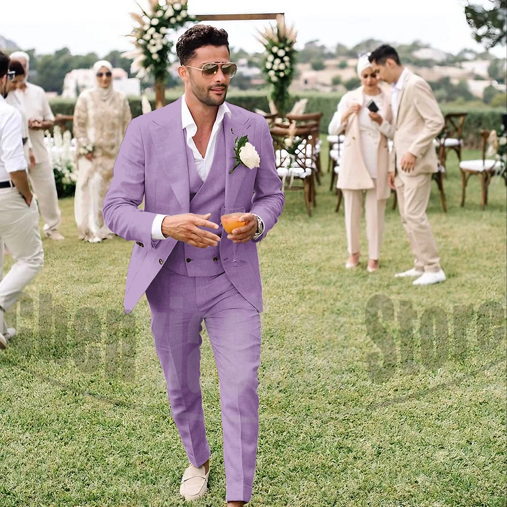 Abito Uomo Lino 2 Pezzi Marrone Chiaro Con Revers A Tacca Per Matrimonio Estivo - 2
