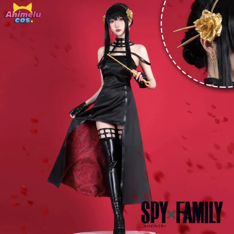 

Anime Spy Family Cosplay Blair Killer Assassin Gothic Halter Black Dress Outfit Costume with Leather Stockings Halloween Cosplay