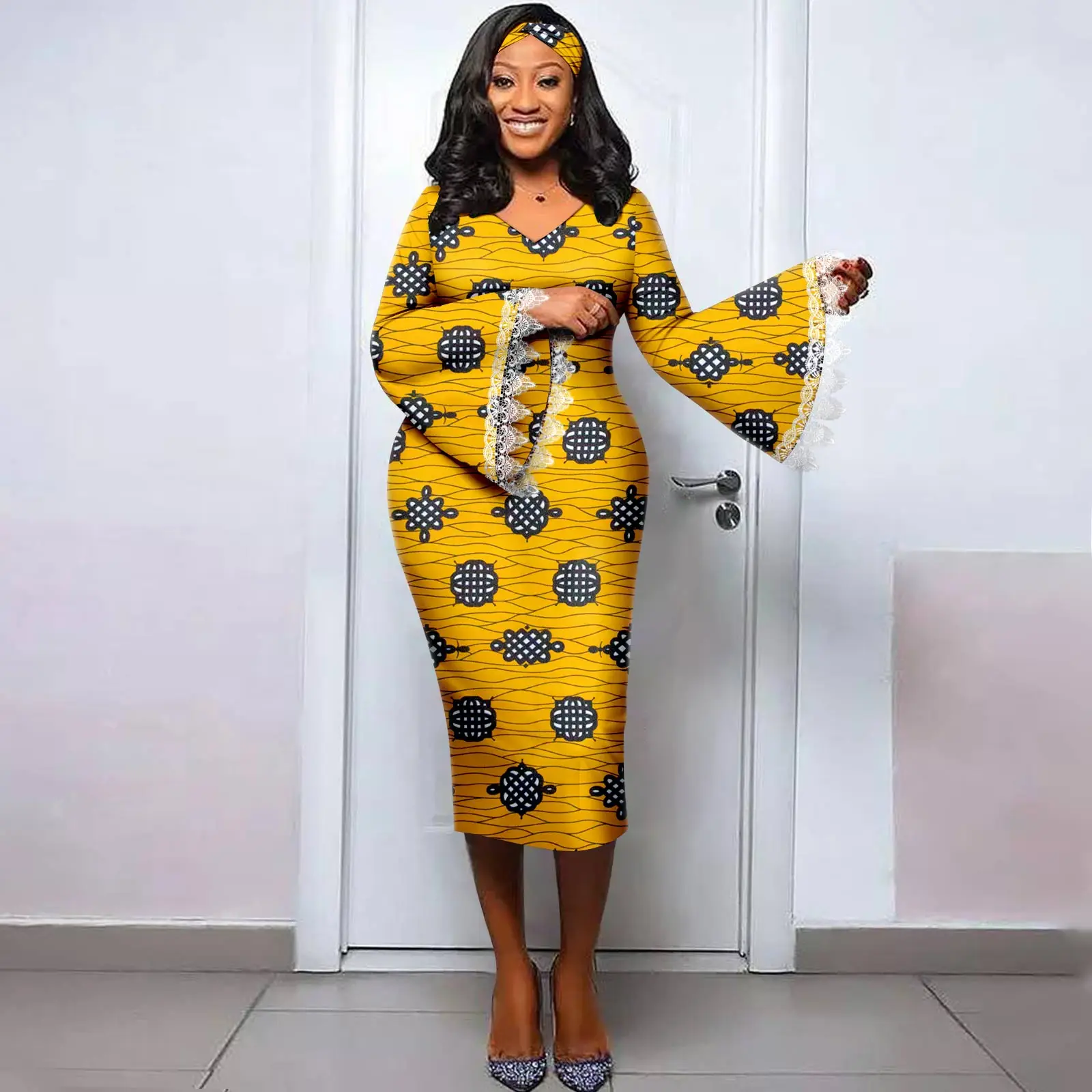 African Dresses Women Dashiki Traditional Summer V Neck Lace Sleeve Headband Ankara Party Evening Y2325064