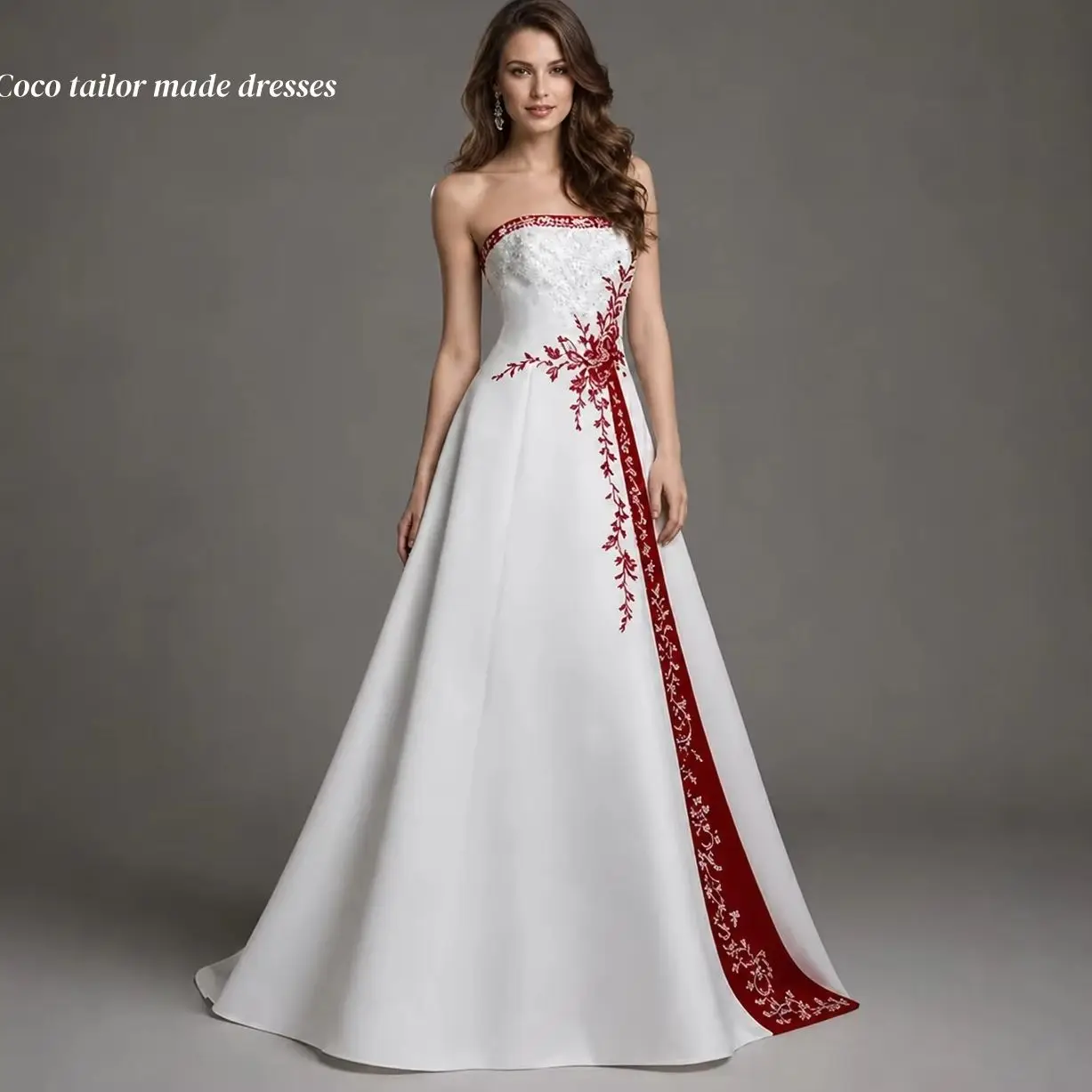 Abito da sposa elegante in raso ricamato per la sposa, corsetto con perle e perline, bianco e bordeaux, linea ad A, senza spalline, personalizzabile