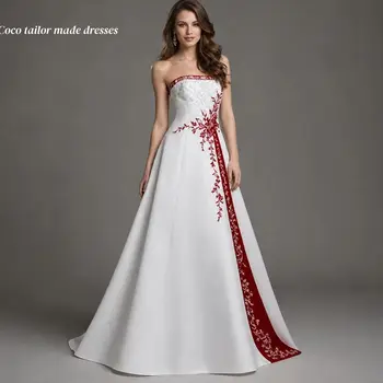 Abito da sposa elegante in raso ricamato per la sposa, corsetto con perle e perline, bianco e bordeaux, linea ad A, senza spalline, personalizzabile